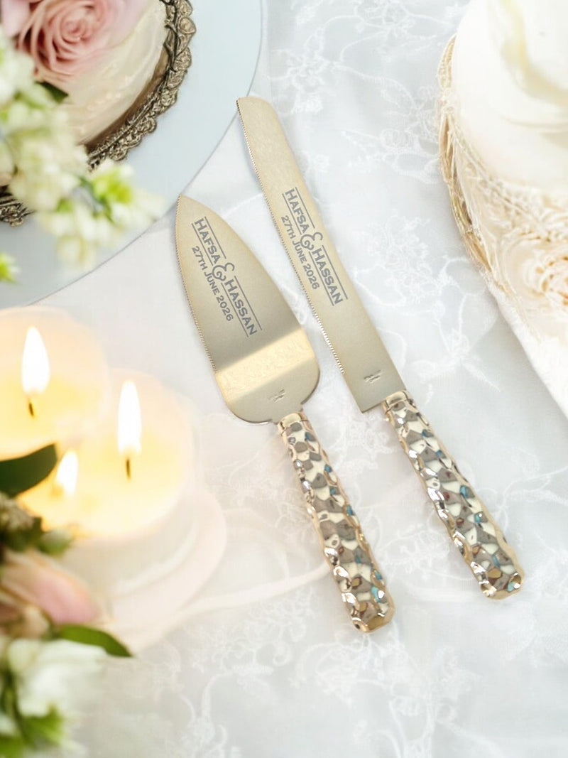 Gold Hammered Personalised Wedding Cake Knife & Serving Set