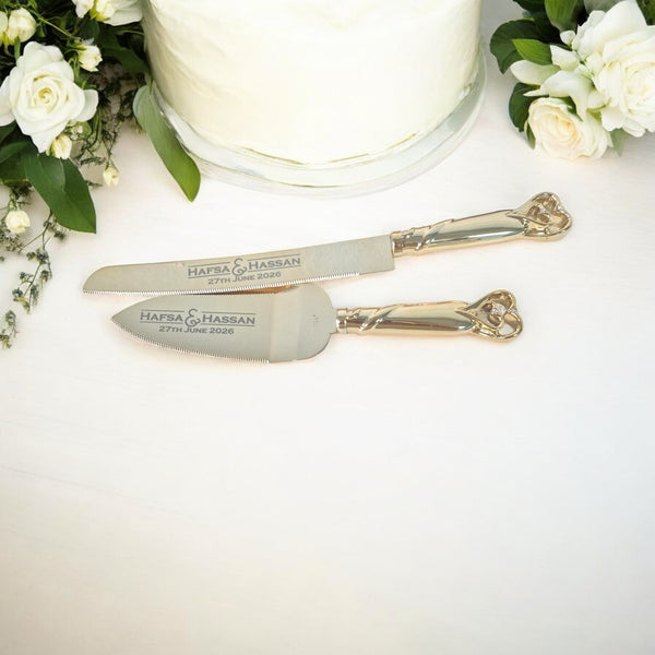 Diamante Hearts Personalised Wedding Cake Knife & Serving Set, Wedding Keepsake, Laser Engraved Personalised Serving Set, Wedding Cake Knife & Server