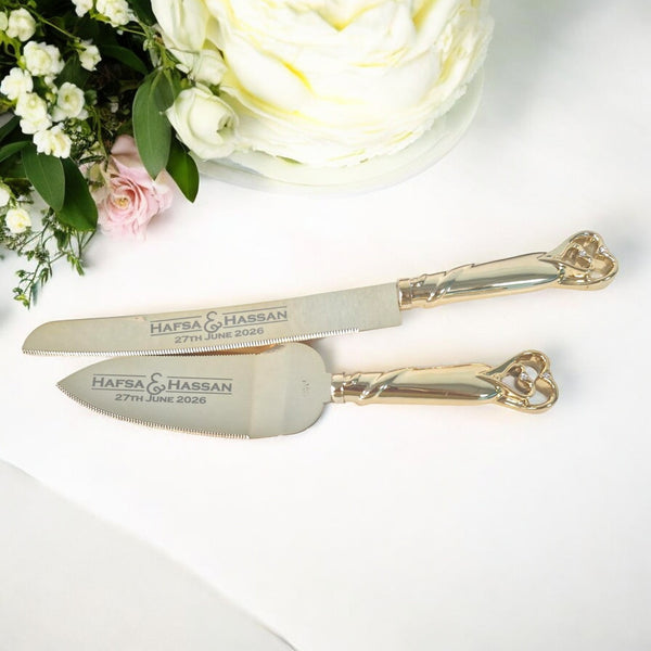 Diamante Hearts Personalised Wedding Cake Knife & Serving Set, Wedding Keepsake, Laser Engraved Personalised Serving Set, Wedding Cake Knife & Server