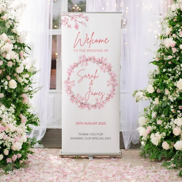 Cherry Blossom Wedding Roller Banner, Wedding Welcome Banner Personalised Wedding Banner, Made to Order Banners, Bespoke Banner Designs