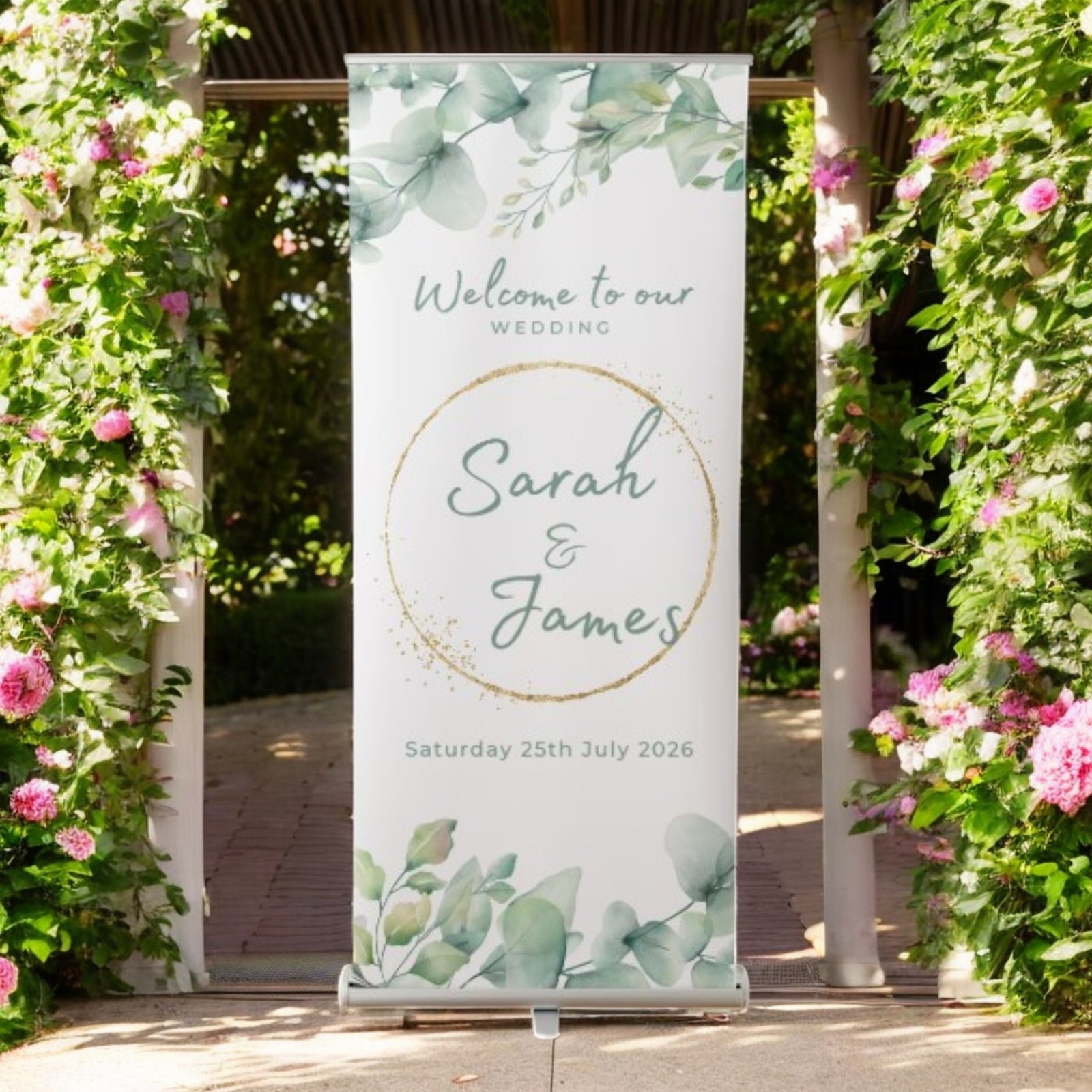 Personalised fashion wedding roller banner Blue Leaf flowers design welcome sign wedding bride to be