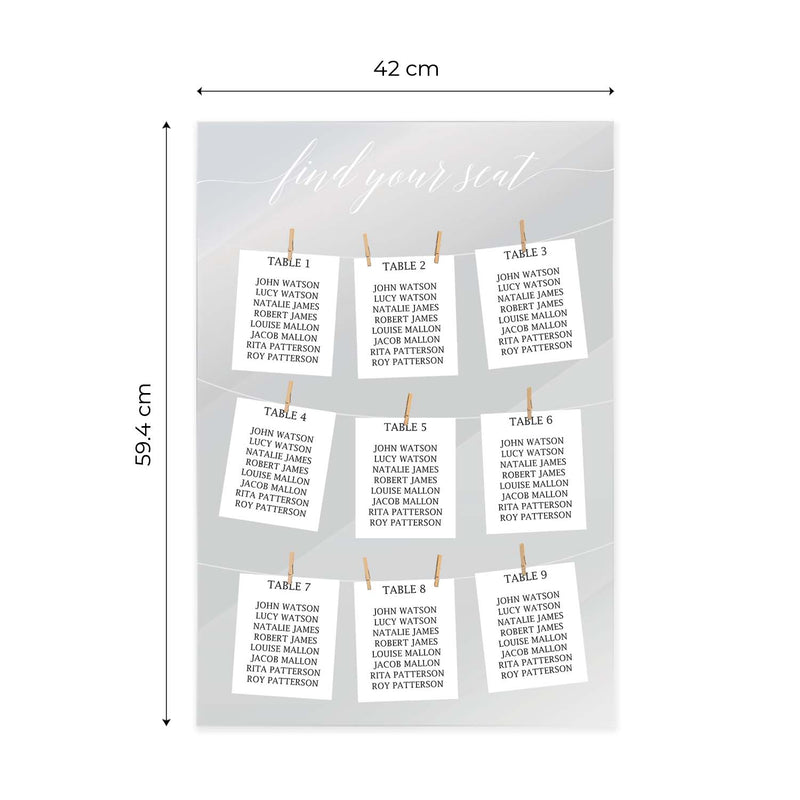 Personalised Pegs Clear Acrylic Table Plan Sign / Large 42 cm x 59.4 cm Custom Seating Plan Sign / Elegant Wedding Reception Sign / Made In The UK