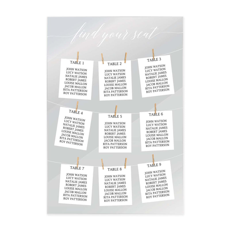 Personalised Pegs Clear Acrylic Table Plan Sign / Large 42 cm x 59.4 cm Custom Seating Plan Sign / Elegant Wedding Reception Sign / Made In The UK