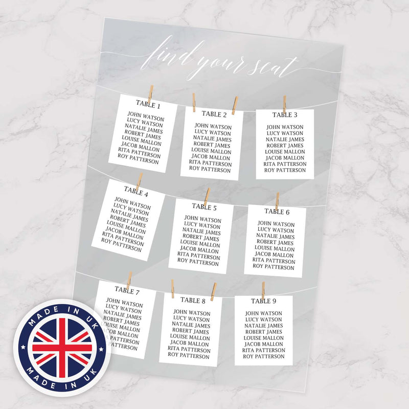 Personalised Pegs Clear Acrylic Table Plan Sign / Large 42 cm x 59.4 cm Custom Seating Plan Sign / Elegant Wedding Reception Sign / Made In The UK