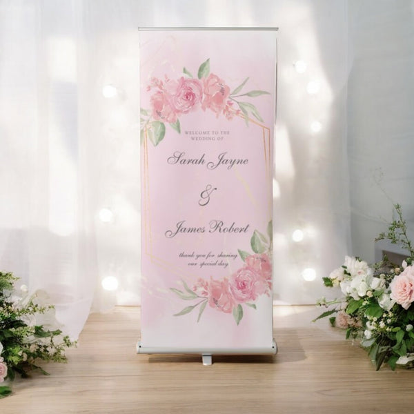 Wedding Roller Banner, Wedding Welcome Banner, Personalised Wedding Banner, Made to Order Banners, Bespoke Designs, Pink Roses Roller Banner