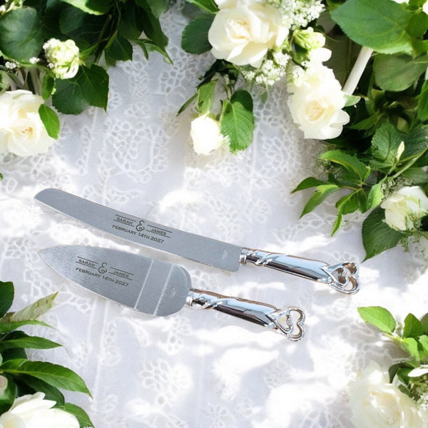 Diamante Hearts Silver Personalised Wedding Cake Knife & Serving Set, Wedding Keepsake, Laser Engraved Personalised Serving Set, Wedding Cake Knife & Server 