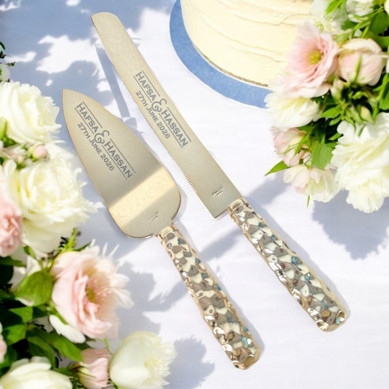 Gold Hammered Personalised Wedding Cake Knife & Serving Set, Personalised Serving Set, Wedding Cake Knife & Server, Wedding Keepsake