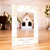 Premium Personalised, White and Gold Wedding Selfie Frame, Perfect for Parties, Celebrations & Weddings - Golden Leaves