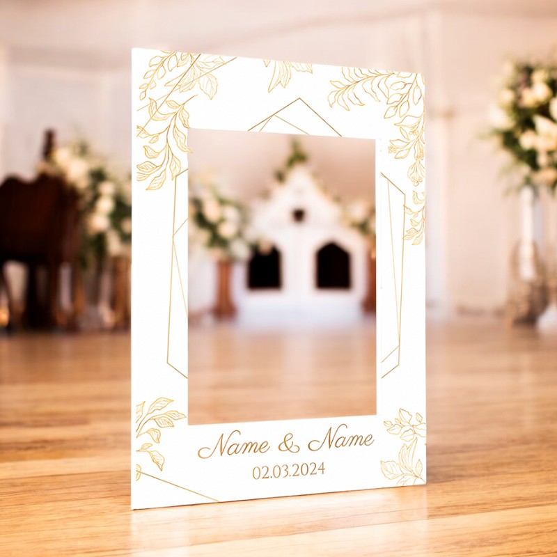 Premium Personalised, White and Gold Wedding Selfie Frame, Perfect for Parties, Celebrations & Weddings - Golden Leaves