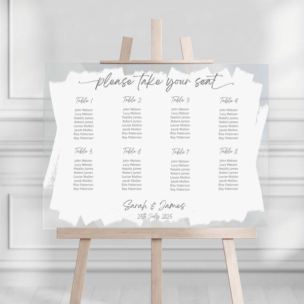 Personalised White Paint Stroke Clear Acrylic Table Plan Sign / Large 59.4 cm x 42 cm Custom Seating Plan Sign / Elegant Wedding Reception Sign / Made In The UK